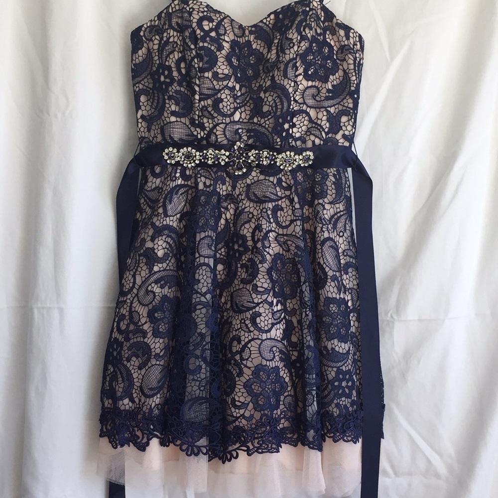 Navy, strapless, lace dress (teens)